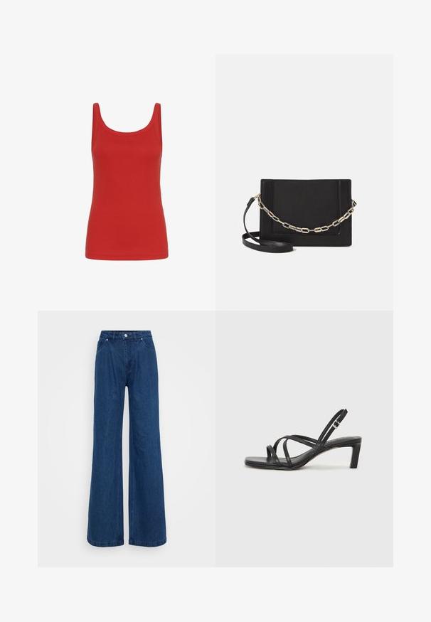Red tank top with a scoop neckline, sleeveless design, and a smooth cotton texture. Solid color, no patterns or accents.; Wide-leg blue denim jeans with a high waist, front button and zipper closure, and front and back pockets against a plain background.; Black strappy sandal with a square toe and a low block heel. Features multiple thin straps and an adjustable ankle strap. Made of smooth leather.; Black leather crossbody bag featuring a smooth texture, rectangular shape, and a metallic chain detail on the front. Adjustable strap included.; Silver double-band ring with a smooth, polished surface. Features a fluid, curved design with overlapping sections for a modern look.