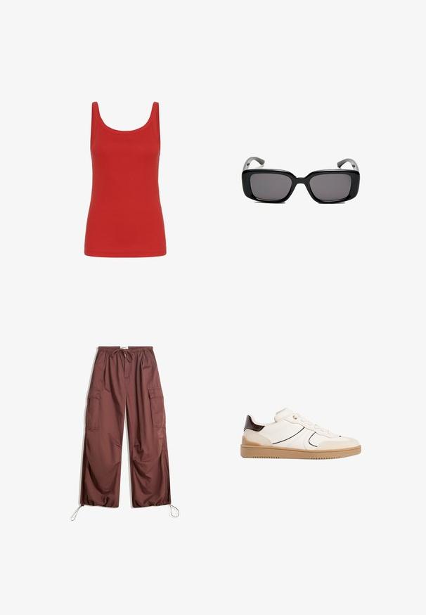 Red tank top with a scoop neckline, sleeveless design, and a smooth cotton texture. Solid color, no patterns or accents.; Wide-leg brown cargo pants with elastic waistband, drawstring tie, large side pockets, and adjustable ankle cords.; Stradivarius Trainers - white; Black rectangular sunglasses with dark lenses, smooth plastic frame, and curved temples. The design is chunky with a minimalist aesthetic.