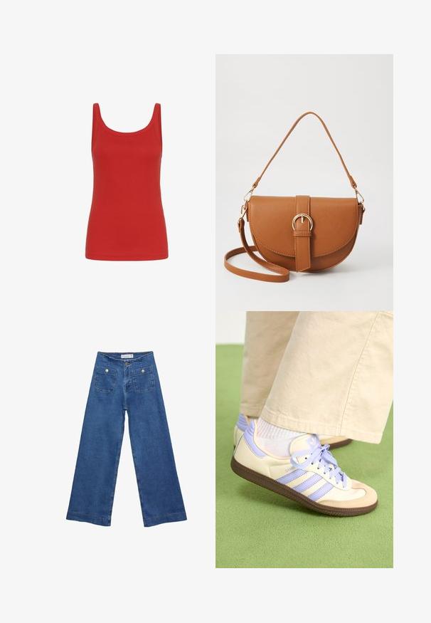 Rode tanktop met een ronde halslijn, zonder mouwen en een gladde katoenstructuur. Effen kleur, geen patronen of accenten.; Denim brede pijpen jeans met een middelblauwe wassing, twee voorkanten met knoopsluitingen en gestikte details langs de zoom.; Crème- en lavendel-sneakers met drie strepen en een gestructureerde bruine zool, voorzien van veters en een gewatteerde hiel. Zachte stoffen bovenkant.; Bruine leren schoudertas met een gebogen vorm, gouden hardware en een gespaccent. Bevat een afneembare schouderriem.