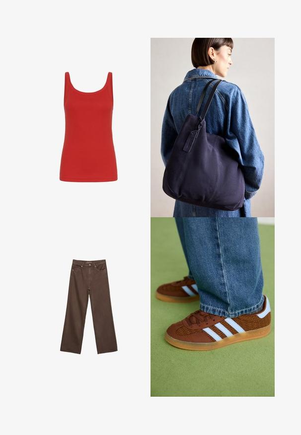 Rød tanktop med rund halsudskæring, ærmeløs design og en glat bomuldsstruktur. Ensfarvet, ingen mønstre eller accenter.; Bredde ben brun denim jeans med høj talje, forlommer og klassisk knaplukning. Glat tekstur med diskret syninger.; Brune Adidas sneakers med hvide striber og gummisåler, båret med blå jeans på grøn tæppe.; Marineblå canvas skuldertaske med en blød, struktureret form, der har en sort rem, syede detaljer og et lille mærke.