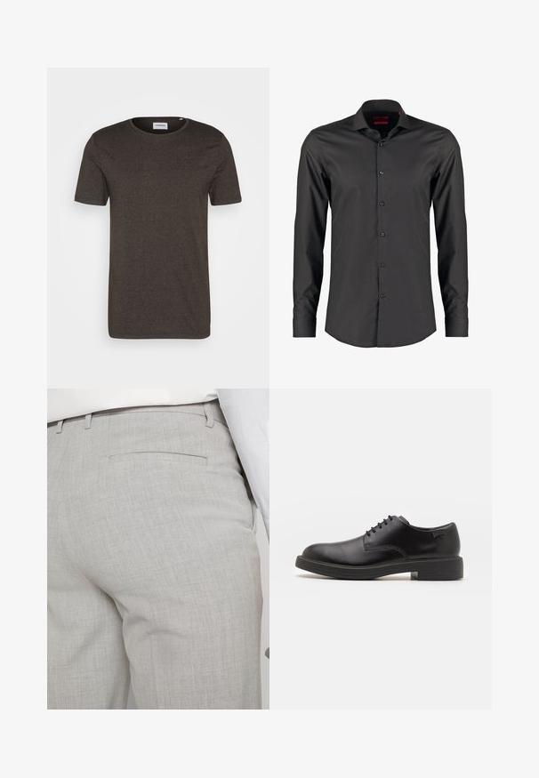 Tumedast roheline lühikeste varrukatega t-särk, ümar kaelus, sile tekstuur, ilma mustrite või aktsentideta, lihtne disain, sobib igapäevaseks kandmiseks.; Must mustapikkade varrukatega särk, millel on kitsas lõige ja mis on valmistatud siledast kangast. Omab teravat kaelust ja kuut nuppu esiosal.; Heledat hallid kohandatud püksid tekstuurse kangaga, millel on üks tagatasku ja puhas õmblus.; Must beemel levalis kingad ümarate varvastega, sileda pinnaga, minimaalsete õmblustega ja madala kummist kontsaga. Logo kontsa peal.