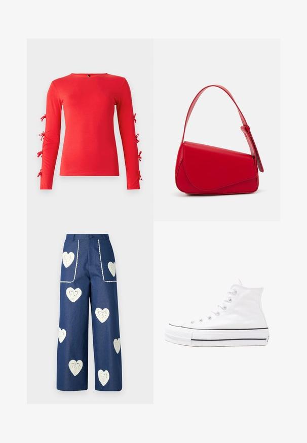 Red long-sleeve T-shirt made of soft cotton, featuring tie accents on the sleeves, crew neckline, and a fitted silhouette.; Sister Jane HEART TO HEART - Straight leg jeans - blue denim; White high-top canvas sneaker with black rubber sole, front rubber toe cap, and six eyelets for laces, featuring a clean, minimalist design.; Red leather handbag with an angular, geometric design. Features a single adjustable strap and a flap closure with stitched detailing.
