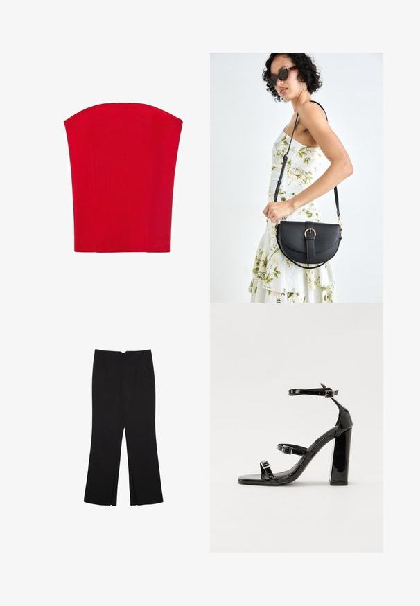 Red strapless corset top made of ribbed material. Features a structured shape with straight edges. Smooth texture, no visible patterns.; Black trousers with a straight fit, featuring front pockets and side slits at the hem. Made of soft, smooth fabric. Suitable for various occasions.; Black patent heeled sandals with a square toe, ankle straps, and silver buckles. Features a chunky block heel for stability.; Black leather handbag with a curved shape, detachable strap, and gold hardware. The bag features a flap with a buckle detail.