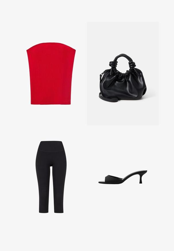 Crvena korzet majica bez naramenica izrađena od rebrastog materijala. Ima strukturirani oblik s ravnim rubovima. Glatka tekstura, bez vidljivih uzoraka.; Crne legging hlače do tri četvrtine dužine, izrađene od rastezljivog materijala, s visokim strukom i bez vidljivih uzoraka ili metalnih dijelova.; crne potpetice s otvorenim prstima i zakrivljenim gornjim dijelom. Izrađene su od teksturirane tkanine, s elegantnom potpeticom i glatkom đonom.; Crna kožna torba s naboranim dizajnom, kratkim okruglim ručkama i odvojivim remenom za nošenje preko ramena. Glatka tekstura s mekim oblikom.