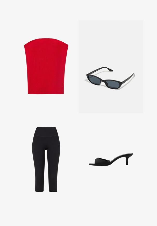 Rode strapless korset-top gemaakt van ribbelachtig materiaal. Kenmerkt zich door een gestructureerde vorm met rechte randen. Gladde textuur, geen zichtbare patronen.; Zwarte driekwart leggings van rekbare stof, met een hoge tailleband en zonder zichtbare patronen of hardware.; Zwarte hakken mules met een brede, open teen en een gebogen bovenkant. Gemaakt van textuurstof, met een slanke hak en een gladde zool.; Zwarte cat-eye zonnebril met donkere lenzen, kunststof frame, slanke pootjes en subtiele branding op de binnenkant van de poot. Mat afgewerkte textuur.