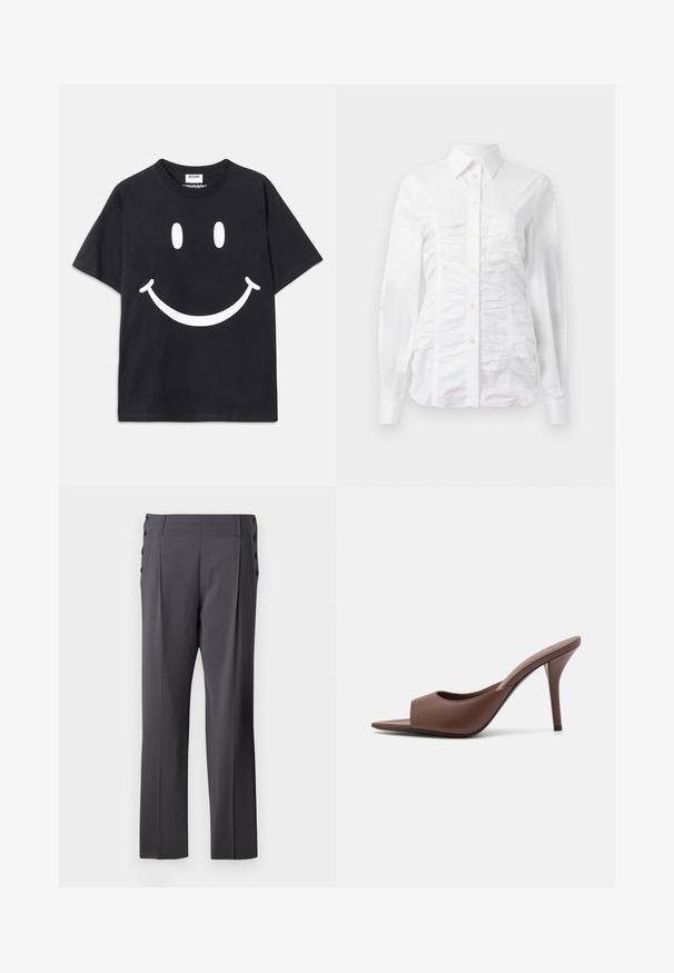 Black short-sleeve t-shirt made from cotton featuring a large white smiley face graphic on the front. Classic crew neckline.; White button-up shirt with long sleeves, featuring a ruched texture across the front, small golden buttons, and a standard collar.; Gray tailored pants featuring a straight leg design, front pleats, and decorative side buttons for added detail. Smooth fabric texture.; Brown leather open-toe high-heeled mules with a sleek design, featuring a wide front strap and a slender stiletto heel.