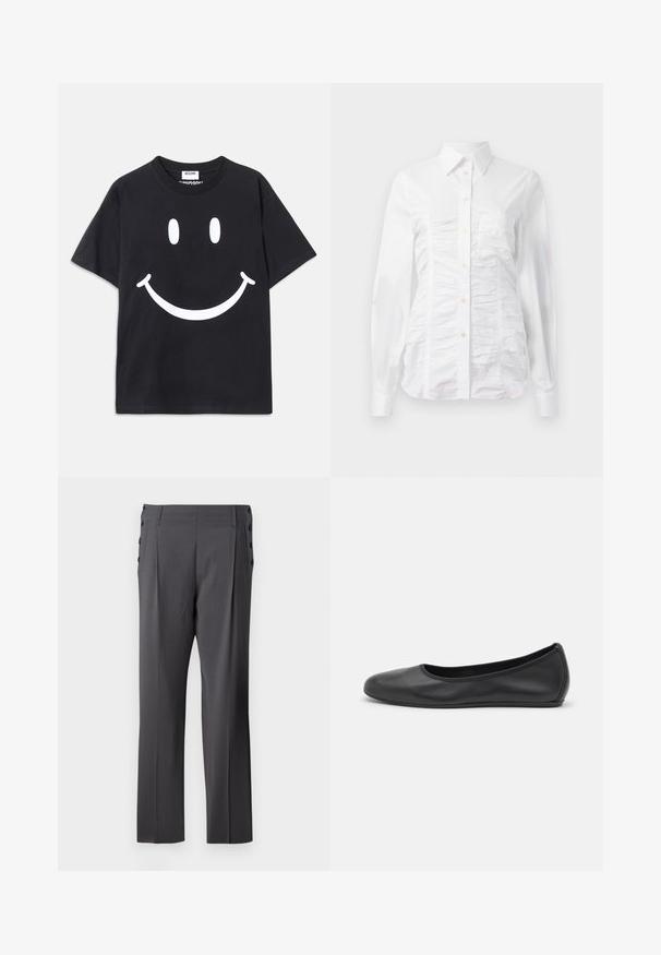 Juodas trumpas rankovėmis marškinėliai, pagaminti iš medvilnės, su dideliu baltu šypsenėlių piešiniu priekyje. Klasikinis apvalus iškirpimas.; Balta marškininė su ilgomis rankovėmis, su raukšlėta tekstūra priekyje, mažais auksiniais mygtukais ir standartiniu apykakle.; Pilki pritaikyti kelnės su tiesiomis kojomis, priekiniais raukiniais ir dekoratyviais šoninėmis sagutėmis, suteikiančiomis papildomą detalumą. Sklandus audinio tekstūros.; Juodai odiniai baletai su apvaliu pirštu, lygi texture, minimalus siuvimo detales ir lanksčiu padų dizainu.
