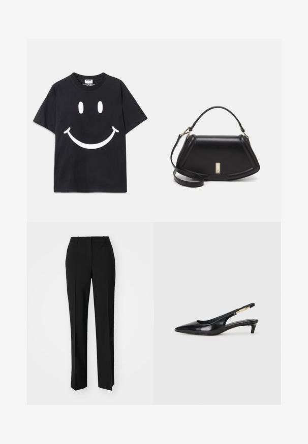 Zwart T-shirt met korte mouwen van katoen, voorzien van een grote witte glimlachende gezicht graphic op de voorkant. Klassieke ronde halslijn.; Zwarte op maat gemaakte broek met een recht model, voorzien van een soepele textuur en scherpe plooien aan de voorkant. Geen zichtbare hardware.; Zwarte leren slingback hakken met een spitse neus, voorzien van een slanke hak en een goudkleurige accent op de verstelbare band. Gladde textuur.; Zwarte leren handtas met een gestructureerd ontwerp, featuring een verkorte vorm, bovenhandvat en gouden hardwareaccent. Inclusief verstelbare schouderband.