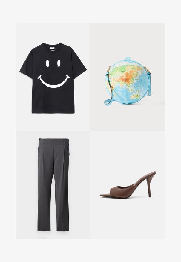 Sort t-shirt med korte ærmer lavet af bomuld, der har et stort hvidt smiley-ansigt grafisk design på forsiden. Klassisk rund halsudskæring.; Grå skræddersyede bukser med lige ben, frontfolder og dekorative sidelommer for ekstra detalje. Glat stofstruktur.; Brune læder open-toe højhælede mules med et slankt design, der har en bred frontrem og en slank stiletto-hæl.; Rund skuldertaske, der ligner en globus, med en lyseblå bund og detaljeret kort i grønne, orange og blå nuancer; med gulddetaljer.