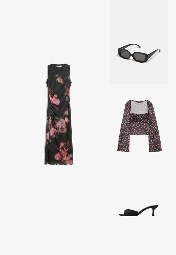 Blumen-Mesh-Oberteil mit langen, ausgestellten Ärmeln. Schwarzer Grundton mit rotem und blauem Blumenmuster, mit gerafftem Mieder und gewelltem Saum.; Ärmelloses schwarzes Maxikleid mit pinkem und lila Blumenmuster sowie einer subtilen Raffung seitlich.; Schwarze Absatzmules mit einer breiten, offenen Zehenpartie und einem geschwungenen Oberteil. Hergestellt aus strukturiertem Stoff, mit einem schlanken Absatz und einer glatten Sohle.; Schwarze rechteckige Sonnenbrillen mit dunklen Gläsern. Dicke Kunststofffassung, glatte Oberfläche und abgerundete Kanten. Modische Bügel verjüngen sich nach außen.; Mango Handtasche - black