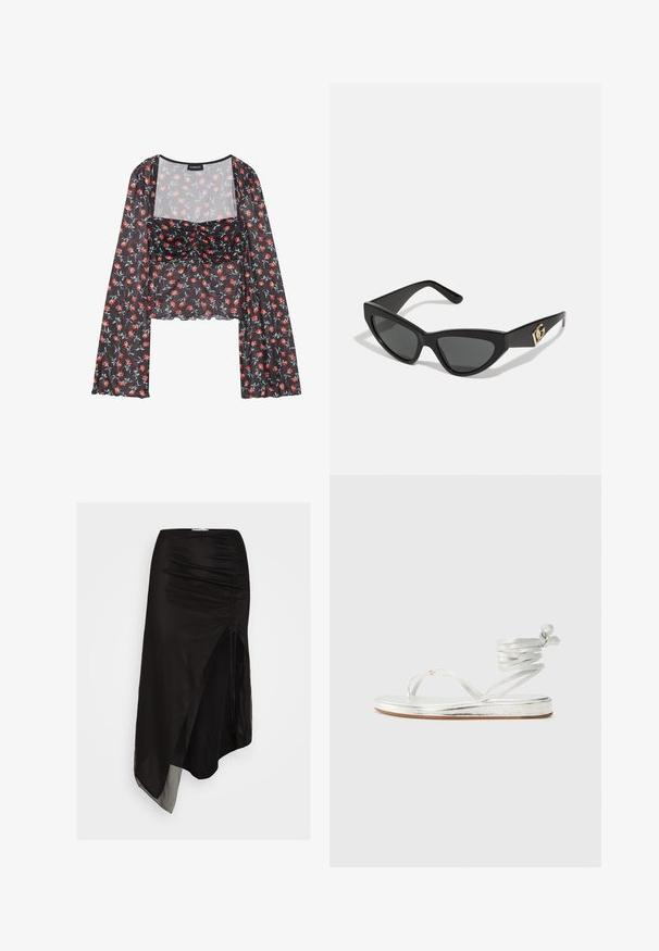Kvetinový sieťovaný top s dlhými, rozšírenými rukávmi. Čierny základ s červeným a modrým kvetinovým vzorom, ktorý má riasené telo a výstrih s vlnkovaným lemom.; Čierna asymetrická sukňa vyrobená z ľahkej priehľadnej textílie, s riasenými detailmi po stranách a vysokým rozparkom pre väčšiu pohyblivosť.; Strieborné metalické sandále s dizajnom medzi prstami, s remienkom okolo členka a plochou podrážkou s textúrovaným povrchom.; Slnečné okuliare v tvare mačacích očí s matným čiernym plastovým rámom, tmavými sklami a zlatým logom na bočnej strane. Ostrý dizajn a hladká textúra.
