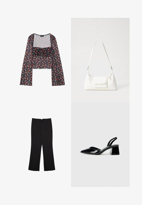 Kukallinen verkkopaita pitkähihaisilla, levenevillä hihoilla. Musta pohja punaisilla ja sinisillä kukkakuviolla, joissa on rypytetty vartalo ja aallokkomuotoinen helma.; Mustat housut suoralinjaisella leikkauksella, joissa on etutaskut ja sivurei'ät helman alla. Valmistettu pehmeästä ja sileästä kankaasta. Sopii eri tilaisuuksiin.; Mustat patentoitu nahkakengät, joissa on säären takaosa ja terävä kärki, sekä geometrinen palikkakorko. Sisältää tyylikkään, minimalistisen muotoilun ja sileän pinnan.; Valkoinen synteettinen käsilaukku, jossa on kolmikulmainen muoto, tasainen etu läppä ja nauhadetail, säädettävä olkahihna, sileä rakenne ja minimalinen muotoilu.