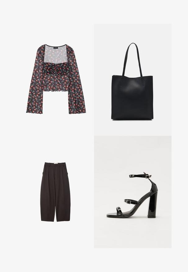 Cvjetni mrežasti gornji dio s dugim, raširenim rukavima. Crna osnova s crvenim i plavim cvjetnim uzorkom, s nabranim tijelom i valovitim rubom.; Crne široke hlače napravljene od glatke tkanine, s visokim strukom, prednjim nabranjima i bočnim džepovima. Jednostavan dizajn bez ukrasa.; Crne lakirane sandale na pete sa kvadratnim nosom, trakama oko gležnja i srebrnim kopčama. Imaju čvrst blok petu za stabilnost.; Crna kožna torba za nošenje s glatkom teksturom, pravokutnim oblikom i dvije duge ručke. Nema vidljivih metalnih dijelova ili ukrasa.