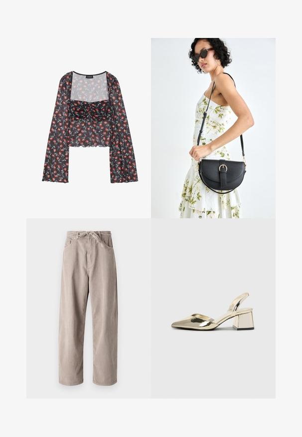 Cvečni mrežasti vrh z dolgimi, razširjenimi rokavi. Črna osnova z rdečim in modrim cvetličnim vzorcem, ki vključuje nabran zgornji del in valovit rob.; Beige kordurojske hlače s sproščenim krojem, ki imajo vrvico za prilagajanje pasu, dva sprednja žepa in vertikalno rebrasto teksturo.; Zlati, kovinski slingback čeveljci z ostrim nosom in masivnim peto. Gladka tekstura, minimalistična zasnova in ozka zanka.; Črna usnjena torbica s ukrivljeno obliko, z odstranljivo naramnico in zlatimi dodatki. Torbica ima pokrov s podrobnostmi v obliki zaponke.; Uhane nakit iz zlatastega tona z gladko, ukrivljeno zasnovo. Ima edinstveno koničasto obliko, polirano površino in zaponko s tečajem.