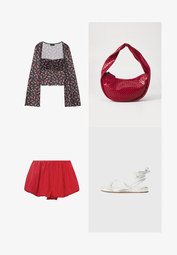 Blommig mesh-top med långa, utsvängda ärmar. Svart bas med röd och blå blommönster, med en draperad byst och scallopad nederkant.; Röda, lätta shorts med elastisk midja. De har en lös, utsvängd design och veckat tyg för en avslappnad passform.; Silverfärgade metallicklackade sandaler med tongsdesign, en rem som omger ankeln och en platt sula med en strukturerad yta.; Röd vävd läderhandväska med ett böjt, vadderat handtag, dragkedja och en texturerad yta, med en glänsande glans.