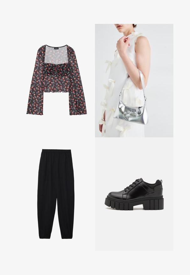 Bloemen nettop met lange, uitlopende mouwen. Zwarte basis met een rood en blauw bloemenpatroon, voorzien van een gerimpelde lijfje en golvende zoom.; Zwarte, lichte broek met een elastische tailleband en gathered enkels. De stof is glad en heeft een ontspannen, taps toelopend ontwerp.; Zwarte leren platform schoenen met een stevige blokhak, ronde neus en een traditionele vetersluiting. Kenmerkt zich door een gladde textuur en minimale details.; Zilveren metallic handtas met een gestructureerde vorm, voorzien van een bovenhandvat en een strikdetail aan de voorkant. Gladde textuur, reflecterende afwerking.