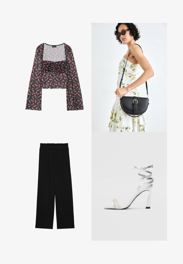 Bloemen nettop met lange, uitlopende mouwen. Zwarte basis met een rood en blauw bloemenpatroon, voorzien van een gerimpelde lijfje en golvende zoom.; Zwarte wijde broek met een gerimpelde tailleband, voorzien van twee zijzakken en een soepele, lichte stof. Geen zichtbare patronen of hardware.; Zilveren sandaal met hoge hakken en een glanzend bandontwerp, met een parelachtige accent en een gewikkelde enkelband voor een veilige pasvorm.; Zwarte leren handtas met een gebogen vorm, afneembare schouderband en gouden hardware. De tas heeft een klep met een gespsluiting.