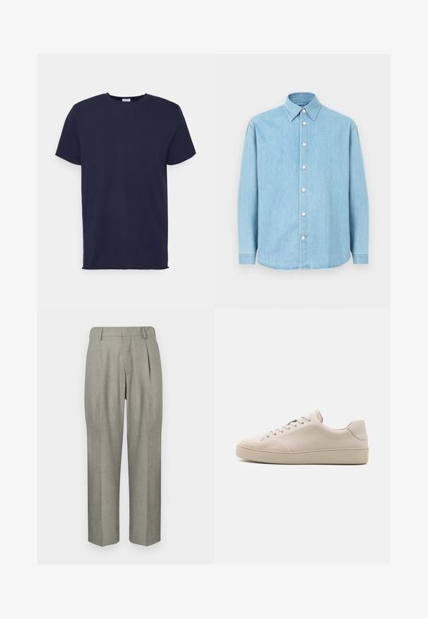 Mornarsko modra kratka majica z kratkimi rokavi, izdelana iz mehkega blaga. Ima okroglo ovratnik in ravno rez, brez vzorcev ali poudarkov.; Svetloplavi traper s dugim rukavima košulja s dugim rukavima i uskim ovratnikom, s bijelim gumbima, prikazana na jednobojnoj pozadini.; Svetlo sivi hlače iz teksturirane tkanine. Imajo ravno nogavico, platnice spredaj in ravno pas.; Bežni usnjeni športni copati z gladko površino, okroglo konico, ravnim podplatom in klasičnim vezalnim dizajnom. Diskretni šivi in teksturiran podplat.