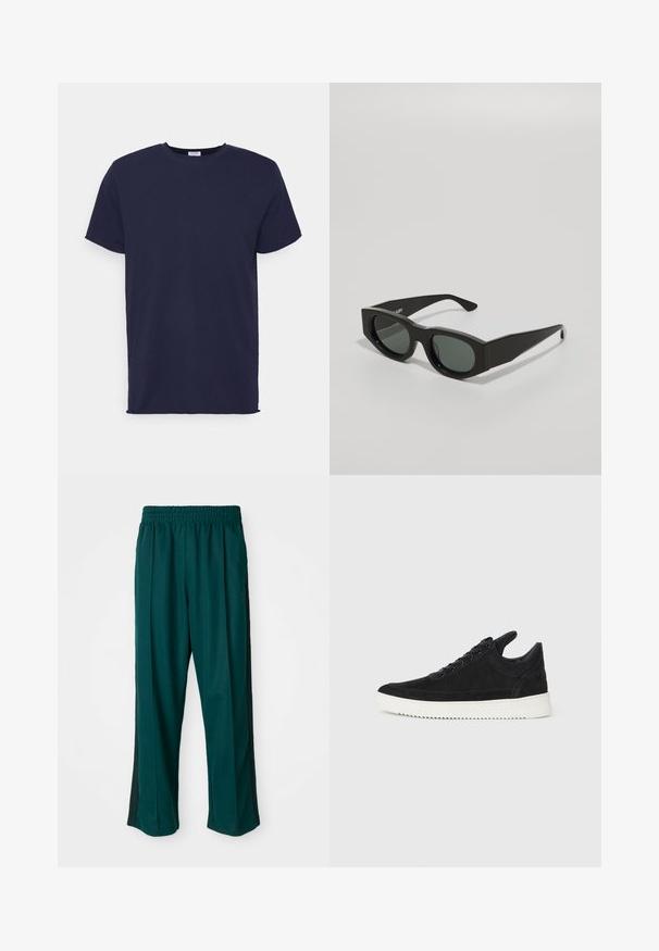 T-shirt de manga curta azul marinho feito de tecido suave. Apresenta um decote redondo e um corte reto, sem padrões ou detalhes.; Calças de desporto verde-escuras com uma cintura elástica, design de perna reta e riscas pretas de lado. Feitas de um tecido macio e elástico.; Sapatilha de camurça preta com sola de borracha branca, apresentando costuras tonais e um design com atacadores. Textura suave com uma forma moderna e simplificada.; Óculos de sol retangulares pretos com lentes tintadas em verde, armações espessas e hastes planas, apresentando uma textura plástica suave.