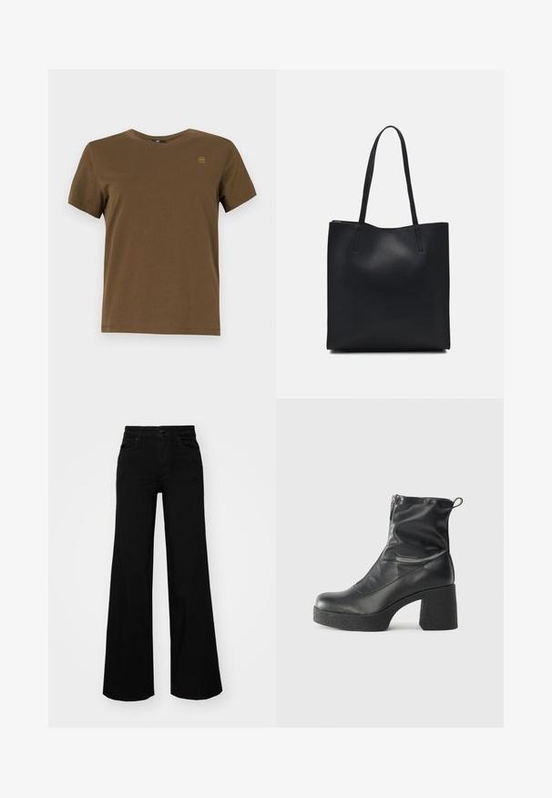 Smeđa pamučna majica s kratkim rukavima, s dizajnom okruglog izreza, koja sadrži mali žuti logo na gornjem lijevom dijelu prsa.; Crne široke traperice s čvrstim pojasom, petljama za remen i prednjim džepovima. Gladak teksturirani materijal s klasičnim dizajnom.; Crne gležnjače od glatke kože, s bočnim zatvaračem, debelim teksturiranim potplatom i dizajnom s zaobljenim prstima.; Crna kožna torba za nošenje s glatkom teksturom, pravokutnim oblikom i dvije duge ručke. Nema vidljivih metalnih dijelova ili ukrasa.