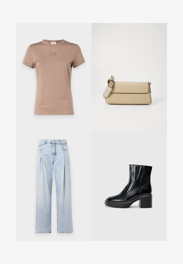 Brown cotton t-shirt with short sleeves, round neckline, and embroidered "CK" logo on the chest. Smooth texture with a simple design.; Light blue denim jeans with a high waist, wide-leg cut, two side pockets, and pleated design feature. Soft texture with a faded finish.; Black patent leather ankle boots with a curved toe, elastic side panels, and a chunky block heel. Features embossed logo on the back.; Beige faux leather handbag with a flap closure, adjustable strap, and minimalist design. Features subtle stitching and embossed branding.