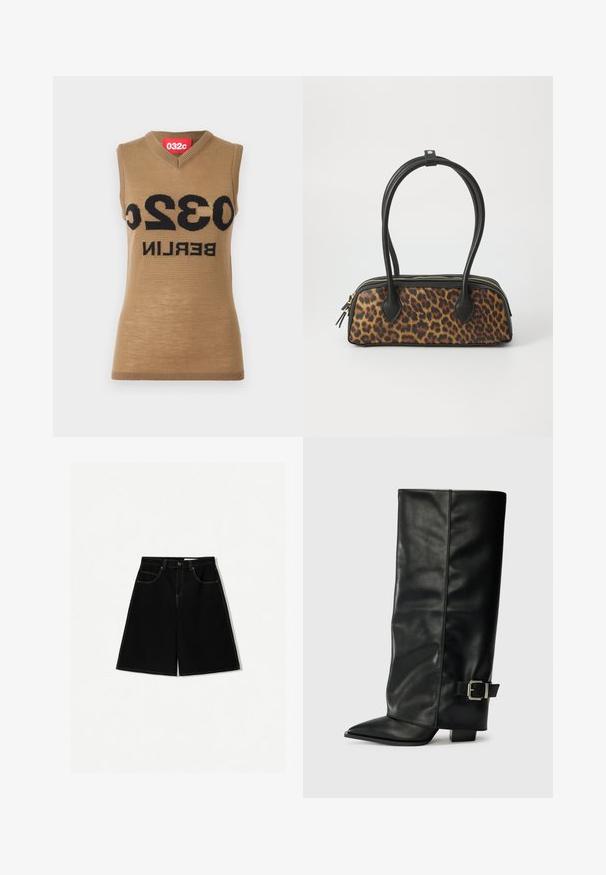 Beżowy bezrękawnik z dzianiny, z dekoltem w kształcie litery V i wyraźnym czarnym napisem "032C BERLIN". Prążkowane krawędzie dodają tekstury.; Czarne szorty dżinsowe o luźnym kroju, z pięcioma kieszeniami, żółtymi przeszyciami i średnim stanem.; Czarne skórzane botki do kostek z ostrym noskiem, gładką fakturą i srebrnym zapięciem z boku. Gruby kwadratowy obcas.; Torebka w leopardzi wzór z czarnym podstawą z ekoskóry, podwójnymi uchwytami u góry, złotym zamkiem błyskawicznym i akcentowanymi czarnymi klapami z ekoskóry. Prostokątny kształt.