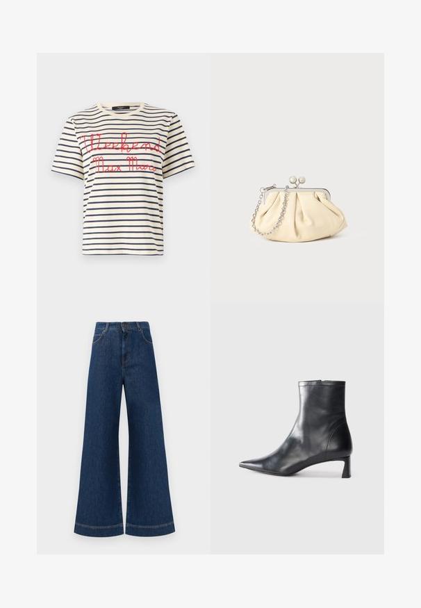Baumwoll-T-Shirt mit navyblauen und cremefarbenen horizontalen Streifen, mit rotem, geschwungenem Text "Weekend Max Mara" auf der Vorderseite. Kurze Ärmel und Rundhalsausschnitt.; Weite blaue Jeans aus Denim mit hoher Taille, ausgestattet mit einem Knopfverschluss, Gürtelschlaufen und dezenten Stichdetails an den Taschen und Säumen.; Schwarze Lederstiefelette mit spitzer Zehe und schlankem Design. Verfügt über einen niedrigen Absatz und einen Reißverschluss hinten. Glatte Textur.; Faltige beigefarbene Ledertasche mit einem silbernen Metallrahmen, ausgestattet mit zwei runden dekorativen Verschlüssen und einem silbernen Kettenriemen.