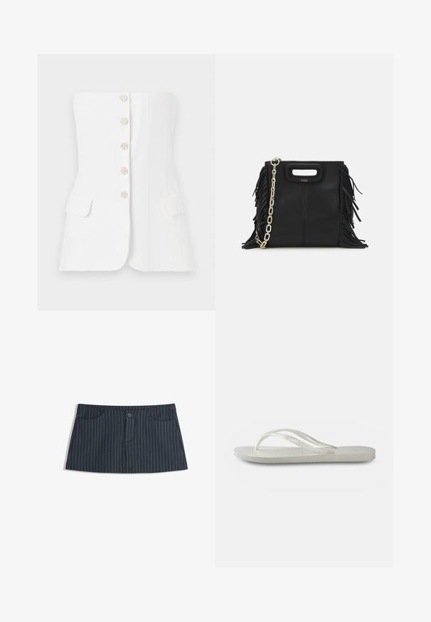 Maje LIVALU - Top - ecru; Mini gonna blu navy a righe con tasche frontali e una chiusura con un singolo bottone in vita.; Infradito bianchi con suola testurizzata, caratterizzate da cinghie sottili e design piatto. Realizzate in gomma con un logo sottile sulla soletta.; Borsa a tracolla in pelle nera con dettagli a frangia, catena dorata e manico ritagliato. Presenta il logo sulla parte anteriore.