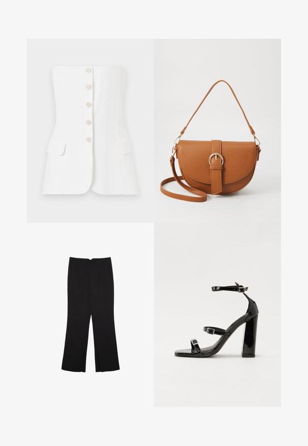 Maje LIVALU - Top - ecru; Pantaloni neri a gamba dritta, con tasche frontali e spacchi laterali all'orlo. Realizzati in tessuto morbido e liscio. Adatti a diverse occasioni.; Sandali con tacco in vernice nera, con punta squadrata, cinturini alla caviglia e fibbie in argento. Presentano un tacco a blocco spesso per maggiore stabilità.; Borsa a tracolla in pelle marrone con forma curvata, hardware dorato e un dettaglio con fibbia. Presenta una tracolla rimovibile.