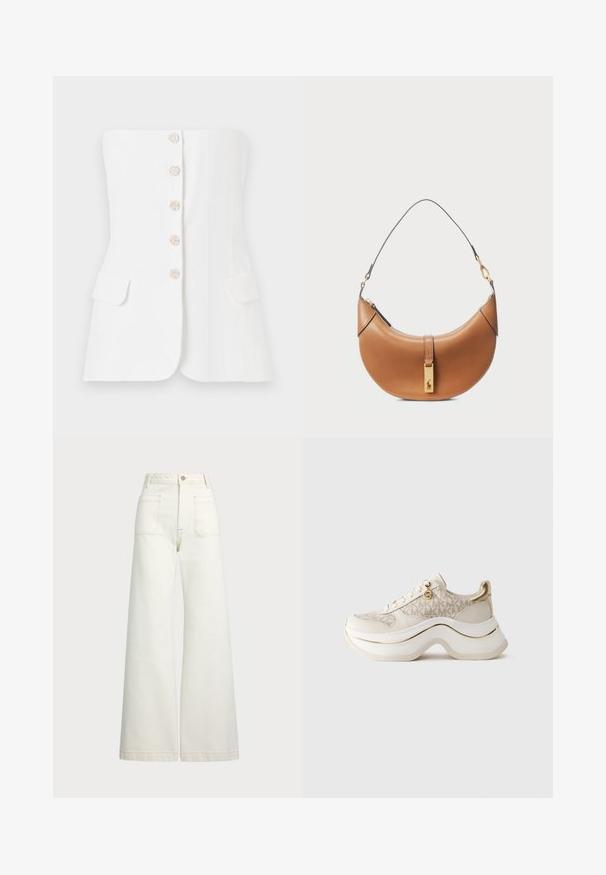 Maje LIVALU - Top - ecru; Široke jeans hlače v off-white denim tkanini. Visok pas z gumbnim zapiranjem, dvema sprednjima žepoma in detajli kontrastnega šivanja.; Bež in zlati platformni športni copat z vzorcem "MK", zvezanjem spredaj, zlatim obeskom in debelim valovitým podplatom na enobarvnem ozadju.; Torbica iz rjavega usnja s ukrivljeno obliko, z zlatimi dodatki in tankim naramnim trakom. Ima zadrgo za zapiranje in detajl logotipa na sprednji strani.