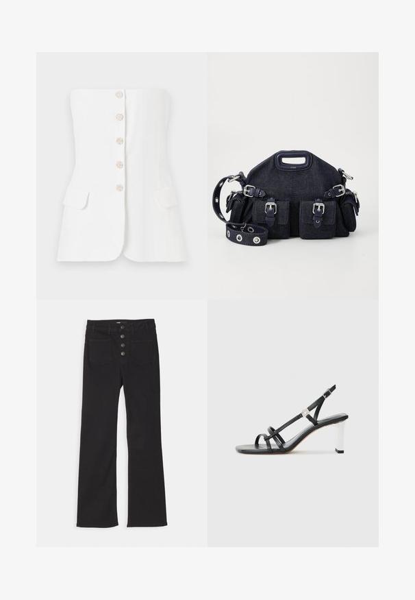 Maje LIVALU - Top - ecru; Zwarte denim flared jeans met een hoge taille, vijf zakken en een sluiting met een voorkant met vier metalen knopen.; Zwarte hakken sandalen met meerdere smalle banden, een slingback ontwerp en een zilveren accent op de hak. Glad bovenmateriaal en vierkante hak.; Donkerblauwe denim tas met een ronde vorm, meerdere buitenzakken, een verstelbare schouderriem en accenten van zilverkleurig hardware. Inclusief bovenhandvat.