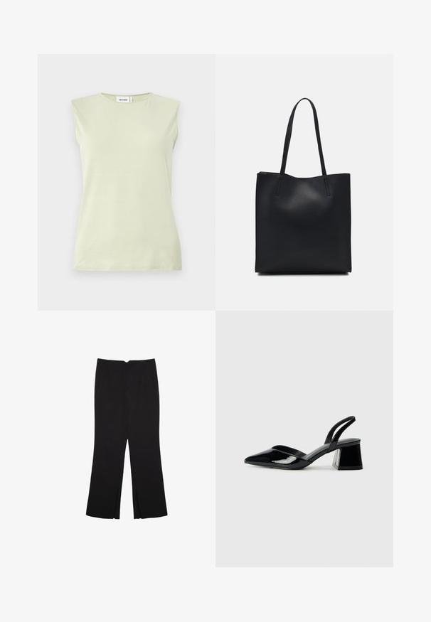 Hellgrünes ärmelloses Oberteil mit Rundhalsausschnitt. Aus weichem Stoff gefertigt, bietet es eine glatte Textur und ein minimalistisches Design.; Schwarze Hose mit geradem Schnitt, ausgestattet mit Fronttaschen und Seitenschlitzen am Saum. Hergestellt aus weichem, glattem Stoff. Geeignet für verschiedene Anlässe.; Schwarze Lackleder-Slingback-High Heels mit spitzem Schuh und einem geometrischen Blockabsatz. Verfügt über ein schlankes, minimalistisches Design und eine glatte Textur.; Schwarze Laptoptasche aus Leder mit glatter Textur, rechteckiger Form und zwei langen Griffen. Keine sichtbaren Beschläge oder Verzierungen.