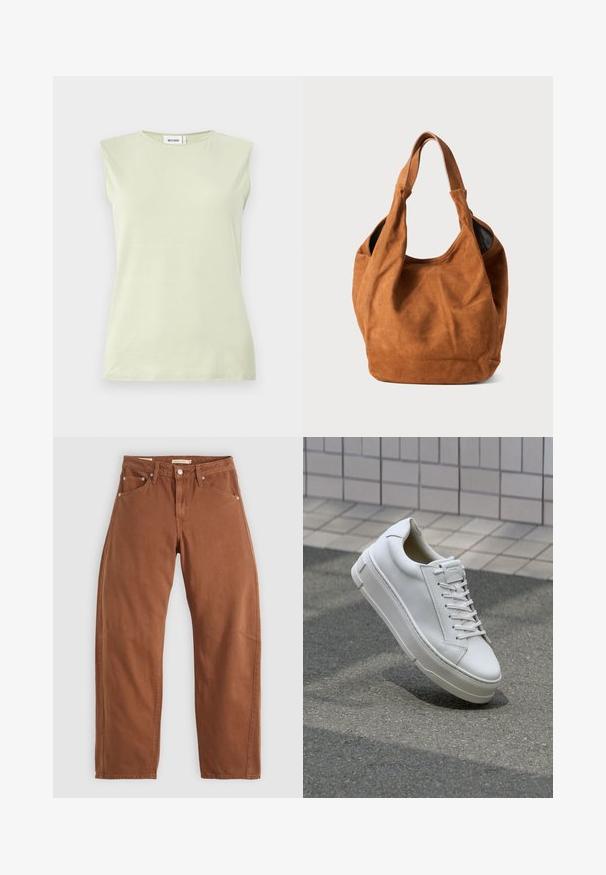 Lichtgroene mouwloze top met een ronde hals. Gemaakt van zachte stof, met een gladde textuur en een minimalistisch ontwerp.; Roestbruin rechte jeans met voor- en achterzakken, metalen klinknagels, knoopsluiting en riemlussen, plat neergelegd op een witte achtergrond.; Witte leren sneaker met een low-top ontwerp, platte veters, ronde neus en textuur zijden. Dikke rubberen zool met subtiele accenten.; Bruine suède schoudertas met een zachte textuur, gebogen vorm en twee handvatten. Heeft een minimalistisch ontwerp zonder zichtbare hardware of accenten.