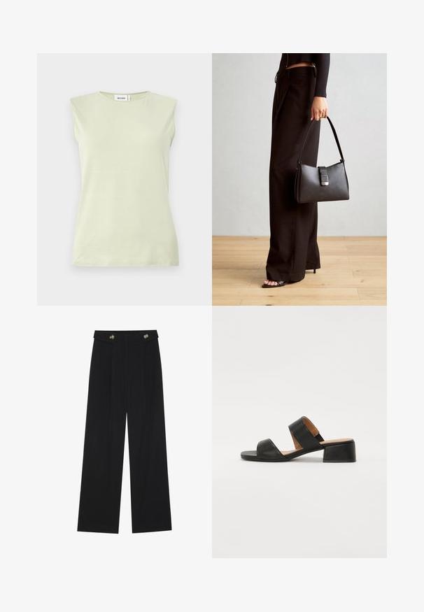 Svijetlozelena majica bez rukava s okruglim izrezom. Izrađena od mekog materijala, s glatkom teksturom i minimalističkim dizajnom.; Crne hlače širokih nogavica s visokim strukom, s dugmadi na pojasu i prednjim nabora.; Crne kožne sandale s dva široka remena preko stopala, kvadratnim vrhom i niskom blok petom. Glatka tekstura i minimalistički dizajn.; Crna torba s oblikom koji sadrži strukturu, glađu teksturu i metalnu kopču. Uparena s širokim crnim hlačama i sandalama na otvorenom s drvenog poda.