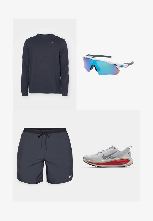 Klättermusen ROOT LOGO TEE - Camiseta de manga larga - raven; Pantalones cortos de running de Nike en gris oscuro, con una cintura elástica y un cordón de ajuste, además de un acento del logo plateado en la parte inferior de la pierna derecha.; Zapatilla de correr Nike en malla gris claro con acentos rojos, que presenta una punta redondeada, una suela con potente amortiguación y un diseño texturizado en la suela para mayor agarre.; Gafas de sol con montura blanca, detalles grises y lentes espejados azules. Diseño deportivo, forma envolvente y almohadillas para la nariz ajustables.