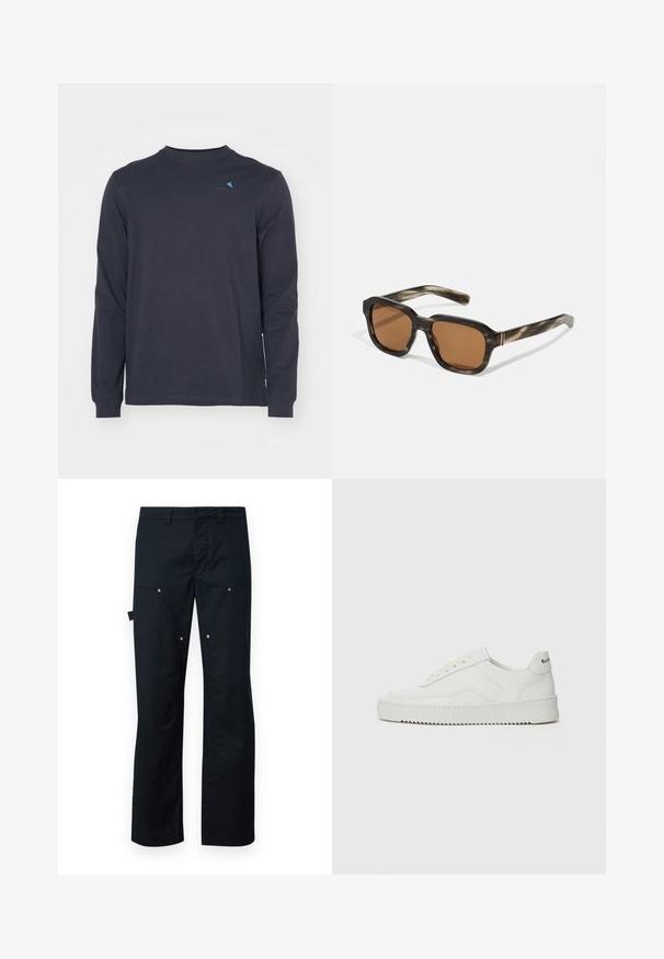 Klättermusen ROOT LOGO TEE - Majica z dolgimi rokavi - raven; Črne tovorne hlače iz trpežne tkanine, z ravnim krojem, več žepi in diskretnimi srebrnimi dodatki.; Bela usnjena športna obutev z gladko površino, okroglo prst, ravne vezalke in teksturiran podplat. Ima diskretno logo na peti.; Plastična sončna očala s vzorcem želvje lupine, oktagonalnimi rjavimi lečami in tankimi zlatimi detajli na okvirju.