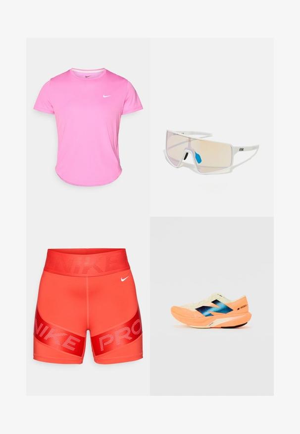 Roze Nike t-shirt met een ronde hals, korte mouwen en een wit logo op de linkerborst, gemaakt van gladde, lichte stof.; Felle rode Nike Pro compressieshorts met een brede tailleband featuring "NIKE" tekst en een kleine witte Nike swoosh aan de voorkant rechts.; Hardloopschoen met een lichtgewicht crèmekleurige bovenkant, blauwe branding en oranje accenten op de zool. Mesh textuur voor ademend vermogen.; Witte, omrande zonnebril met grote, gradient glazen die een tint van roze naar lichtoranje hebben, aangevuld met een blauwe neussteun en logo-details.
