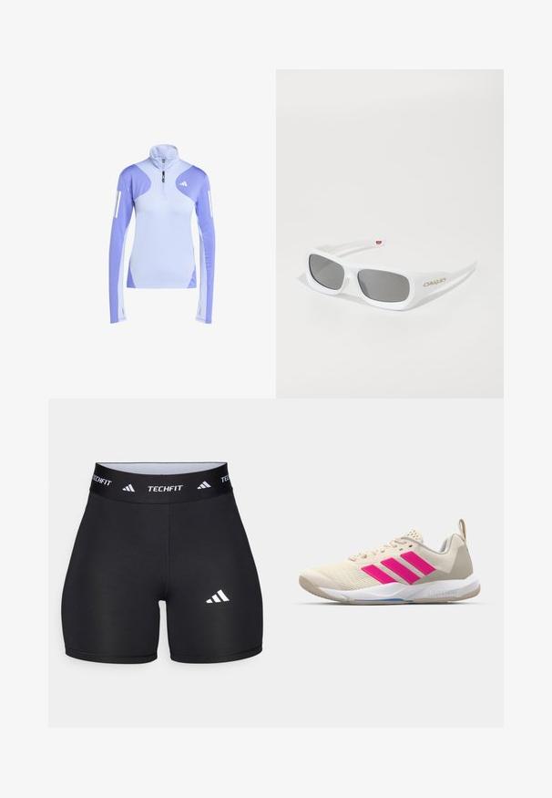 adidas Performance OTR B CB HZIP - Tops ar garām piedurknēm - blue spark semi blue; Melnas šortus, izgatavotus no elastīga auduma, ar pieguļošu dizainu. Iezīmēts ar plašu melnu jostasvietu, uz kuras ir uzraksts "TECHFIT", un ar baltu logotipu uz kājas.; Beige sporta apavi ar rozā trīs svītru logotipu, strukturētu acu augšdaļu, mīkstu apkaklīti un balto gumijas zoli, ar "LIGHTSTRIKE" zīmolu.; Baltas taisnstūris Oakley saulesbrilles ar tumšiem stikliem, novietotas uz balta virsmas, ar redzamu logotipu sānos.