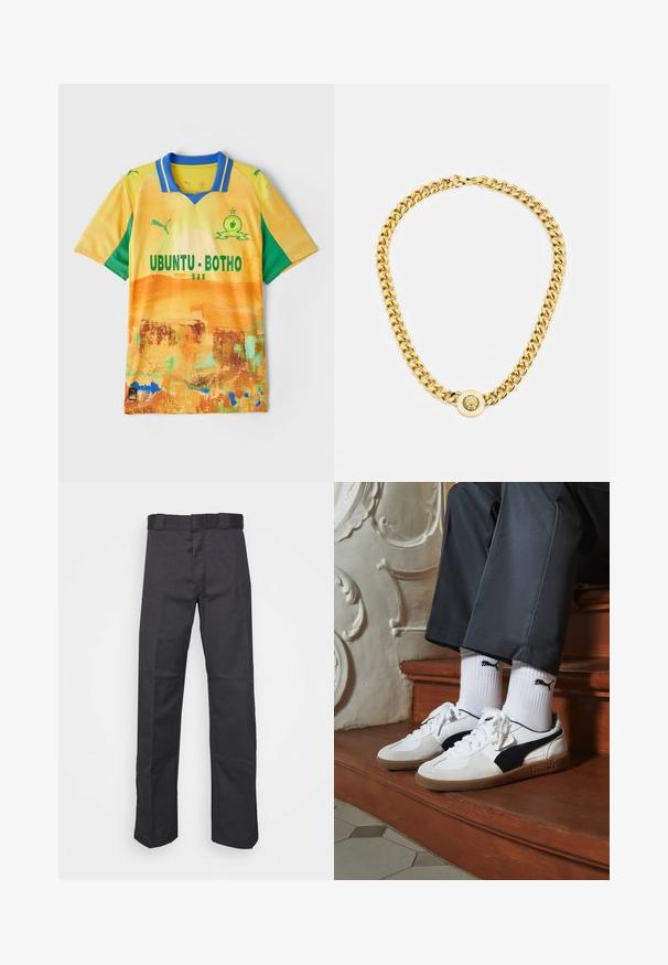 Gul och grön kortärmad fotbollströja med krage, med abstrakta mönster och "UBUNTU · BOTHO" i fet stil.; Svarta byxor av slitstark tyg med rak bendesign, midja med bälteshål och sömmar för extra struktur.; Puma-sneakers i vit och svart mocka, med en brun gummisula. Kombinerade med vita strumpor som visar upp en svart logotyp, bärs tillsammans med mörka byxor.; Guldhalsband med stora sammanlänkade kedjor, med en cirkulär hängare i mitten som har en upphöjd emblem.