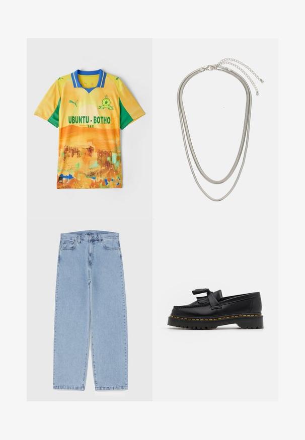 Sárga és zöld rövid ujjú focimez, galléros nyakkal, absztrakt mintákkal és vastag betűkkel írt "UBUNTU · BOTHO" felirattal.; Világoskék farmernadrág egyenes szárú kivitelben, közepes derékkal, öt zsebbel, gombos és cipzáros záródással.; Fekete bőr mokaszin, rojtos díszítéssel, masszív fekete talppal és sárga varrással az élén. Texturált felület.; Háromrétegű ezüstszínű fém nyaklánc, letisztult, rugalmas láncokkal, enyhe fényességgel, homárkapoccsal rögzítve és állítható lánccal.