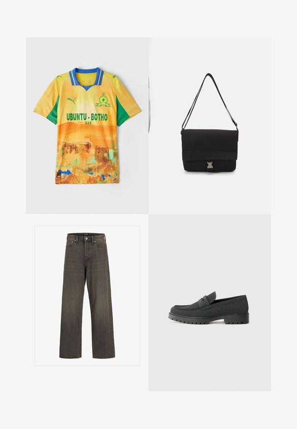 Rumena in zelena kratka nogometna majica s kratkimi rokavi in ovratnikom, ki ima abstraktne vzorce ter besedilo "UBUNTU · BOTHO" v krepki pisavi.; Široke hlače iz temno sive denim tkanine, s wysokim pasom, klasičnim pet-pocket dizajnom in kontrastnim šivom ob šivih.; Črne loafer čevlje z gladkim mat zaključkom, z zaobljenim nosom in debelim, teksturiranim podplatom. Poudarjeni s sprednjim trakom.; Črna torba za sporočila iz gladkega materiala, z zložljivim pokrovom, srebrno sponko in nastavljivim naramnim trakom.