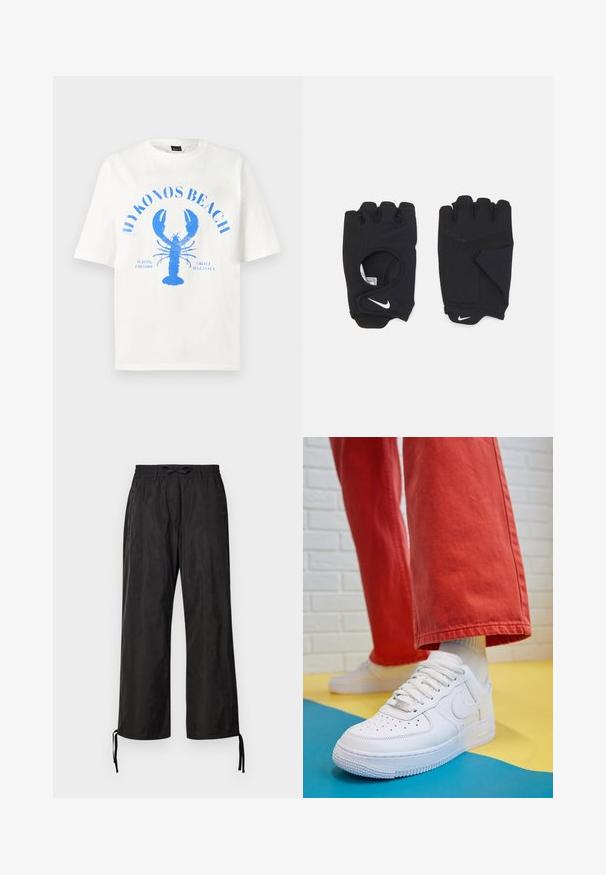 Hvit bomulls t-skjorte med korte ermer som har et blått hummergrafikk og teksten "MYKONOS BEACH" i buet layout.; Svart, løstsittende bukser med elastisk liv og justerbare snorer ved anklene. Glatt stoff med en subtil glans.; Hvit lær sneakers med perforert tåboks, teksturert såle og hvite snørebånd, paret med vide røde bukser og en blå og gul bakgrunn.; Sorte fingerløse hansker laget av elastisk materiale, med design for åpen håndflate, grepdetaljer og Nike-logo i hvitt.