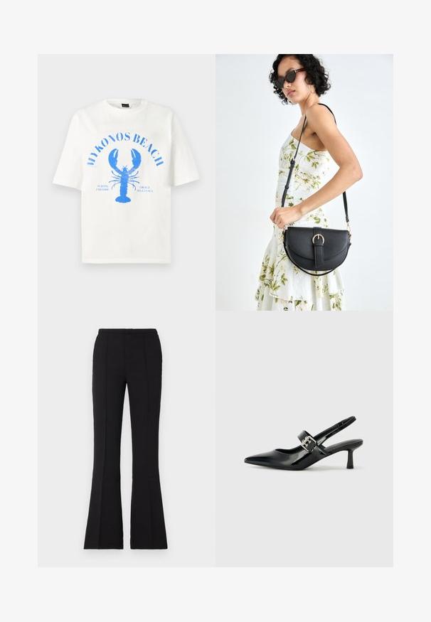 T-shirt de algodão branco com mangas curtas, apresentando uma ilustração de um lagosta azul e o texto "MYKONOS BEACH" em um layout arqueado.; Calças pretas a boca de sino feitas de um tecido suave, com uma cintura justa, detalhes de costura na parte frontal e uma ligeira abertura a partir do joelho.; Saltos slingback em verniz preto com bico pontiagudo e um pequeno salto bloco, apresentando um detalhe de fivela prateada na tira.; Bolsa de couro preta com forma curva, alça destacável e detalhes em dourado. A bolsa possui uma aba com detalhe de fivela.