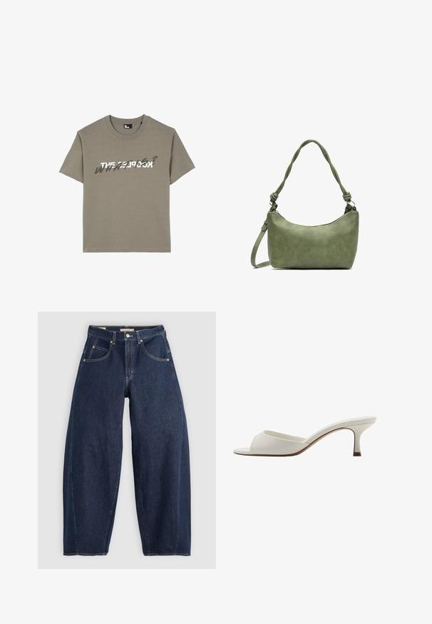 The Kooples T-shirts print - olive kaki; Mørkeblå denim jeans med løs pasform, lyse syninger, fem lommer og en knaplukning ved taljen.; Hvide åbne højhælede mules med en glat finish, minimalistisk design og en slank hæl, der har en subtil brun accent på sålen.; Grøn lædertaske med en glat tekstur, buet form og flettet håndtag. Har lynlås lukning og justerbar rem.