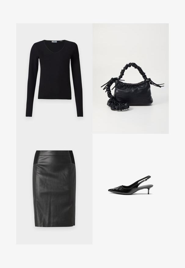 Mustmustööt ülikonna V-kaelusega must pullover, millel on ribakujuline tekstuur ja lihtne, lõdvestunud disain, esitleb valgel taustal.; Mustast nahast pliiatsseelik, millel on figuuri rõhutav disain, sile tekstuur ning elastsed vöökohtade rõhutused mõlemal küljel. Sirge serv all.; Mustad nahast rihmikud terava nina, madala kassisaba kand ja volditud detailiga eespool. Siledat tekstuuri ja minimalistlikku disaini.; Must must sünteetilisest nahast käekott, millel on krokodillimuster, kokku tõmmatav ülaosa ja kortsus rihm. Tundub pehme ja kompaktne disain.