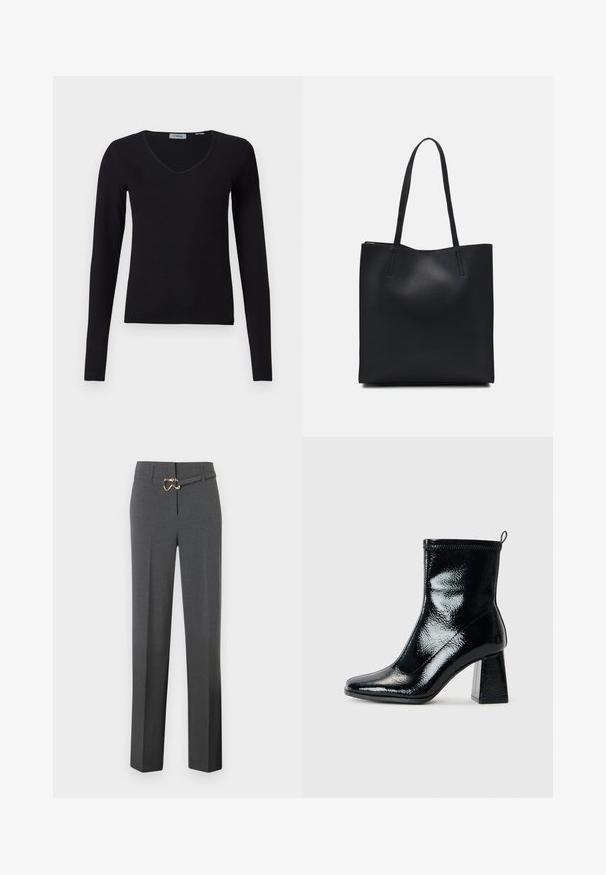 Svart langermet V-hals genser vist på hvit bakgrunn, med ribbestruktur og et enkelt, uformelt design.; Dype grå skreddersydde bukser for kvinner med rette ben og et tynt matchende belte med en gulltone spenne.; Svart patent ankelstøvel med firkantet tå og chunky geometrisk hæl. Har en jevn, shiny tekstur og en rear pull tab for enkel påkledning.; Svart lær tote bag med glatt tekstur, rektangulær form og to lange håndtak. Ingen synlige deler eller dekorasjoner.