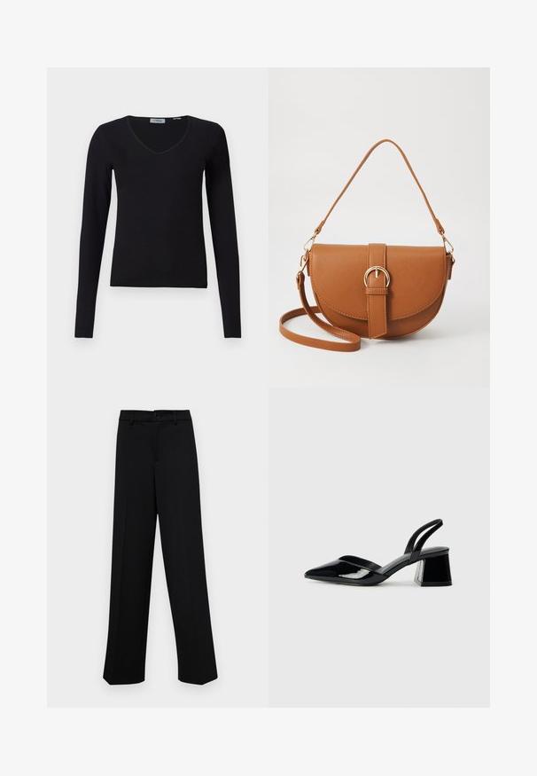 Black long-sleeve V-neck sweater displayed on a white background, featuring a ribbed texture and a simple, casual design.; Black wide-leg trousers made of smooth fabric, featuring a classic waistband with a button closure and front pleats.; Black patent leather slingback heels with a pointed toe and a geometric block heel. Features a sleek, minimal design and smooth texture.; Brown leather crossbody bag with a curved shape, gold hardware, and a buckle accent. Features a detachable shoulder strap.