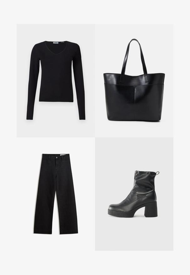 Crni dugi rukav V-izrez pulover prikazan na bijeloj pozadini, s rebrastom teksturom i jednostavnim, ležernim dizajnom.; Crne široke traperice s visokim strukom, s prednjim i stražnjim džepovima, šivenim šavovima i kopčanjem na gumb. Glatka tekstura.; Crne gležnjače od glatke kože, s bočnim zatvaračem, debelim teksturiranim potplatom i dizajnom s zaobljenim prstima.; Crna kožna torba s dugim ručkama, glatkom teksturom i strukturiranim oblikom. Ima prednju džep za dodatno pohranu.