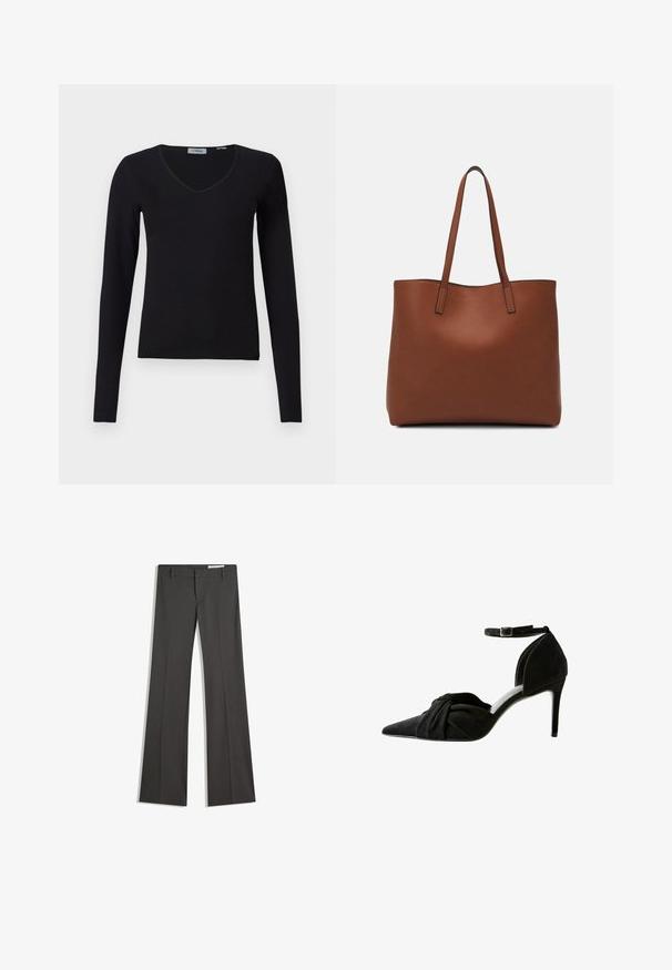 Pulover negru cu mâneci lungi și decolteu în V, expus pe un fundal alb, având o textură nervurată și un design simplu, casual.; Pantaloni gri evazați dintr-un material neted, cu un front plat, bucle pentru curea și un design ajustat cu linii curate.; Pantof cu toc înalt din suede negru, cu vârf ascuțit, detaliu legat în față, bretea la gleznă și toc subțire stiletto.; Geantă de umăr din piele maro cu o textură netedă, design cu vârf deschis și două curele pentru umăr. Prezintă cusături minime și fără componente metalice vizibile.