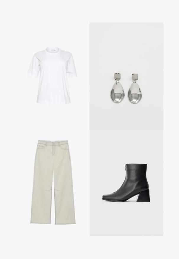 Bela kratka bombažna majica s kratkimi rokavi, okroglim izrezom, sproščenim krojem in zvitimi rokavi. Gladka tekstura in minimalističen dizajn.; Svetlo sivi široki hlače s pet žepov, sprednjem zapiranju na gumb in kontrastnim šivom ob šivih. Tkanina izgledata mehka in trpežna.; Črne usnjene gležnjarice s kvadratnim nosom, stranskim zadrgo in blok peto na enostavni svetli podlagi.; Srebrni uhani z kvadratnim studom, ki imajo gladko, polirano površino in obliko kapljice, ki odbija svetlobo z sijočo površino.